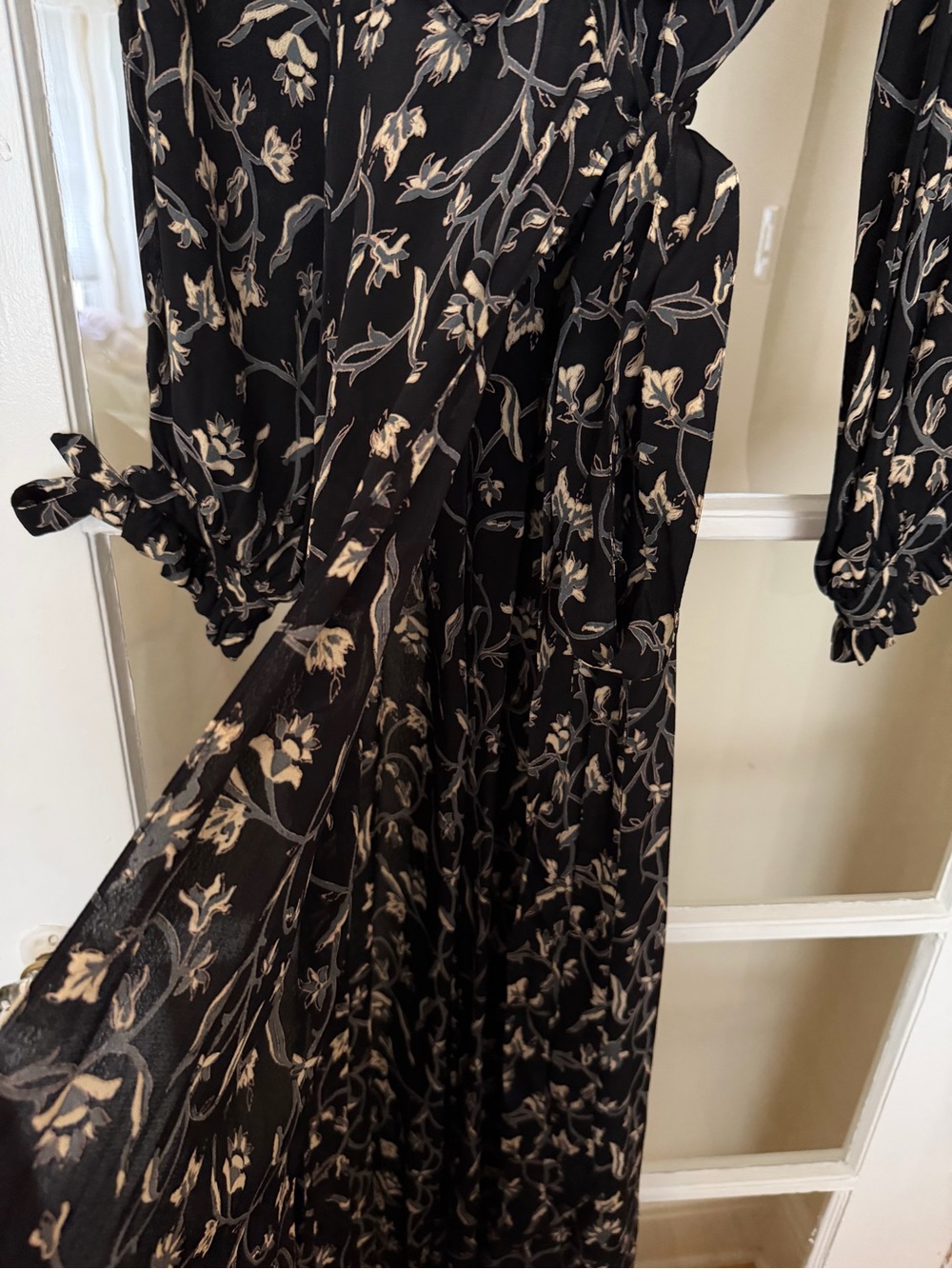 Doen Black Floral Wrap Dress with Cream & Gray Detail - Picture 3 of 7